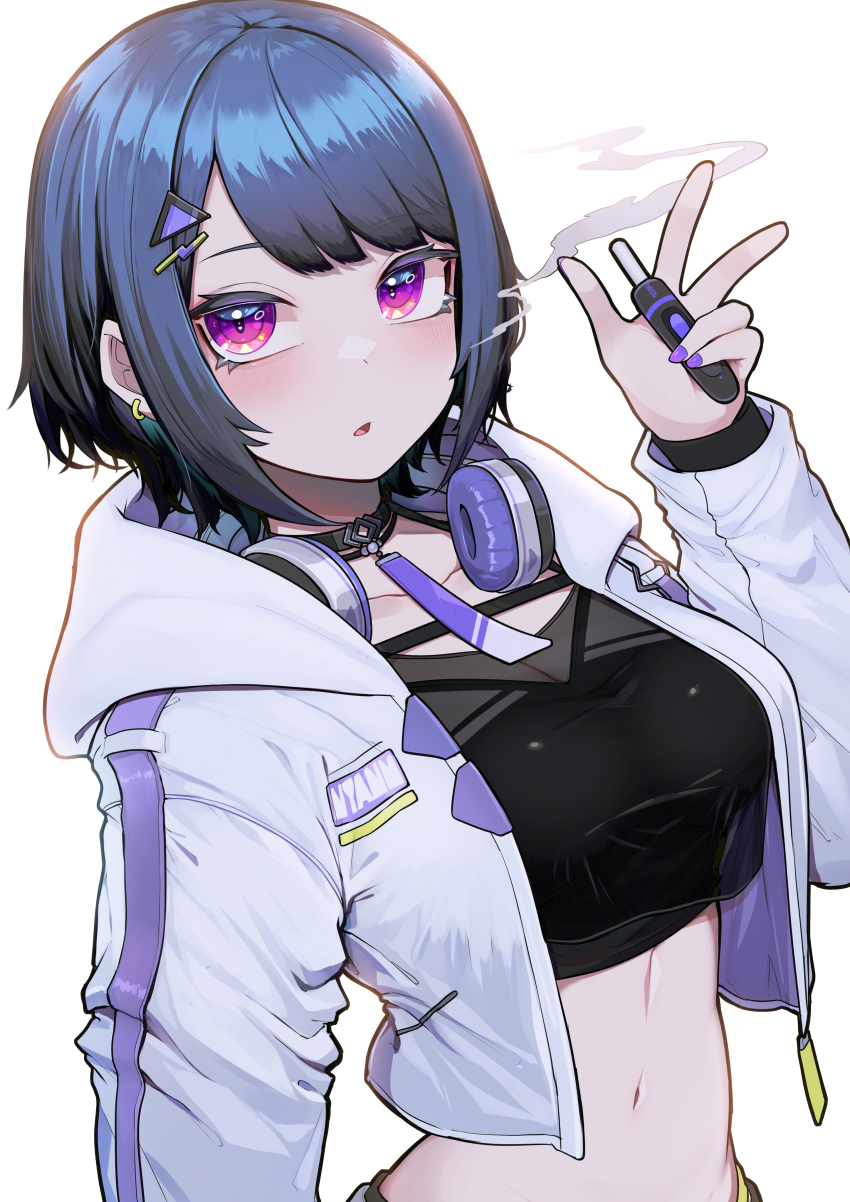 1girl, :o, absurdres, black_choker, black_hair, black_shirt, blue_hair, breasts, choker, cleavage, crop_top, ear_piercing, electronic_cigarette, gradient_hair, hair_ornament, hairclip, hatyuuruinohito, headphones, headphones_around_neck, highres, hood, hooded_jacket, jacket, koshimizu_toru, koshimizu_toru_(1st_costume), looking_at_viewer, medium_breasts, midriff, multicolored_hair, navel, nijisanji, open_clothes, open_jacket, piercing, purple_eyes, purple_nails, shirt, short_hair, simple_background, smoke, solo, swept_bangs, triangle_hair_ornament, vaping, virtual_youtuber, white_background, white_jacket