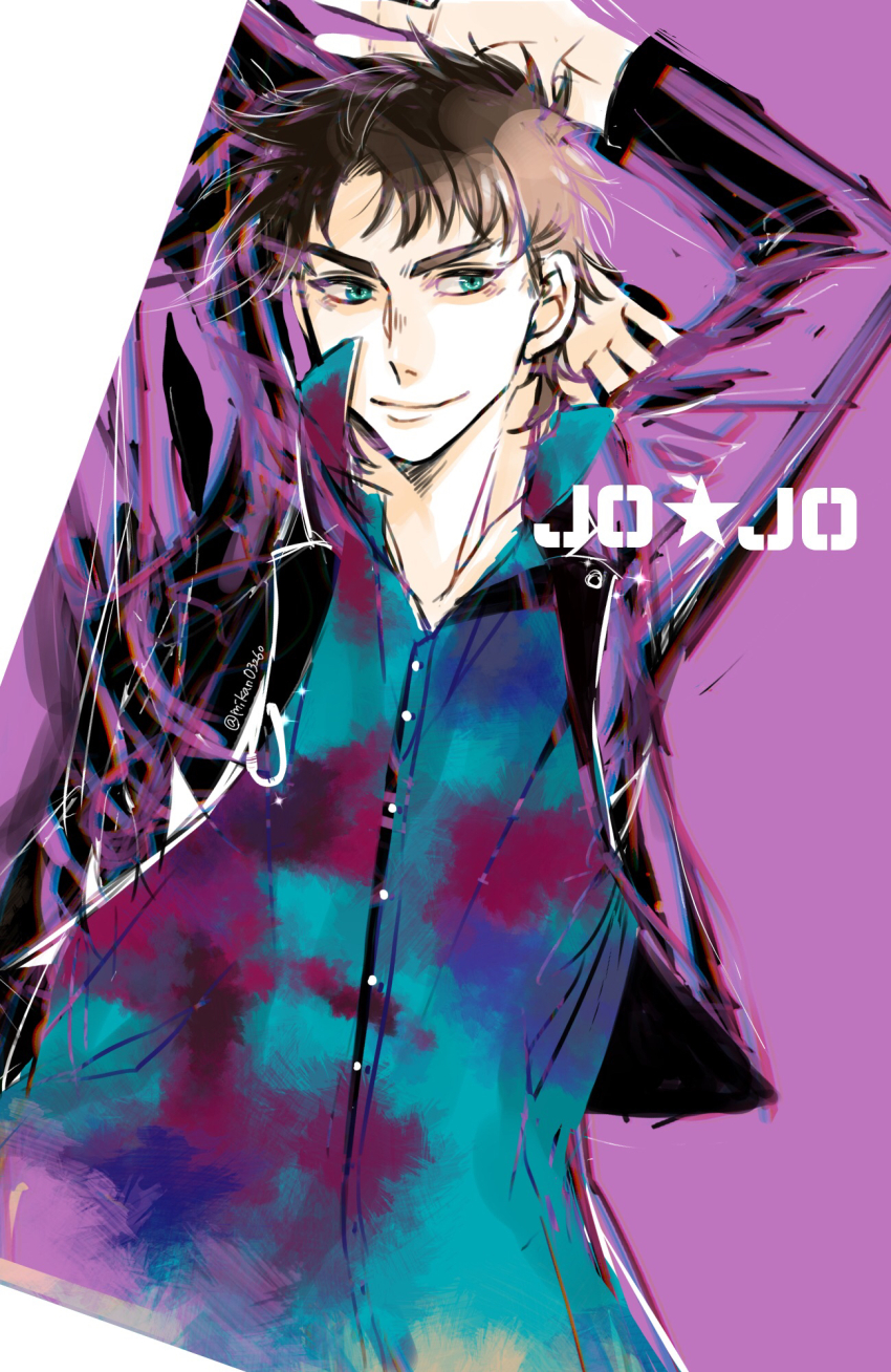 1boy, alternate_costume, arms_up, battle_tendency, blue_shirt, brown_hair, dress_shirt, green_eyes