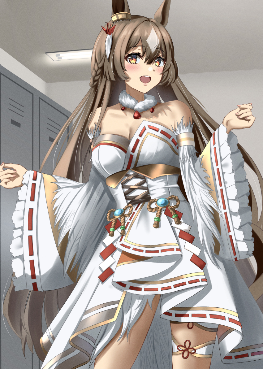 1girl, absurdres, aimi_(tikichin0229), alternate_costume, animal_ears, bare_shoulders, blush, braid