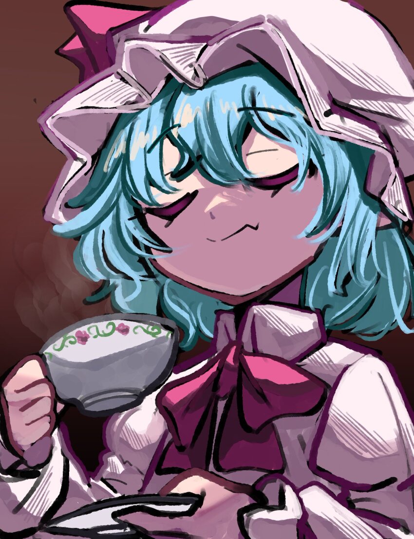 1girl, blue_hair, clenched_hand, closed_eyes, cup, fang, floral_print, flower, frilled_hat, frilled_shirt, frilled_sleeves, frills, hat, hat_ribbon, highres, holding, holding_cup, holding_plate, long_sleeves, medium_hair, neck_ribbon, plate, pointy_ears, puffy_long_sleeves, puffy_sleeves, red_ribbon, remilia_scarlet, ribbon, shikemoku, shirt, simple_background, skin_fang, smile, teacup, touhou, vampire, white_ribbon, white_shirt