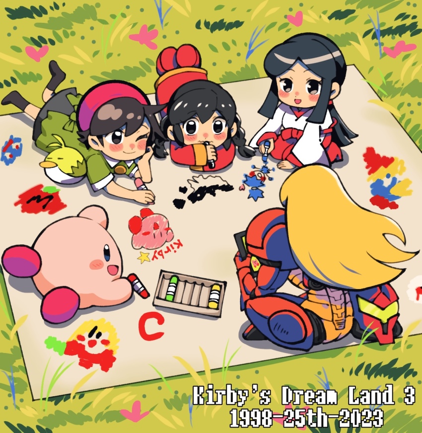 4girls, adeleine, batchgooya, beret, bird, black_hair, blonde_hair, blunt_bangs, blush_stickers, chao_(yuyuki), copyright_name, drawing, famicom_mukashibanashi:_yu016byu016bki, grass, hat, helmet, highres, hikari_(shin_onigashima), kirby, kirby's_dream_land_3, kirby_(series), long_hair, lying, metroid, multiple_girls, nintendo, open_mouth, outdoors, paper, pitch_(kirby), power_suit_(metroid), samus_aran, shin_onigashima, short_hair, sitting, smile, unworn_headwear, unworn_helmet, varia_suit