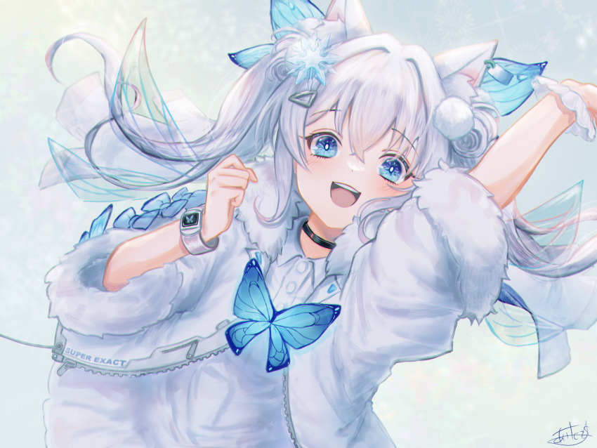 :d, absurdres, animal_ears, arms_up, black_choker, blue_eyes, bug, butterfly, butterfly_hair_ornament, choker, clothes_writing, collared_dress, double_bun, dress, fairy_wings, fake_animal_ears, fur-trimmed_jacket, fur-trimmed_sleeves, fur_collar, fur_trim, goddess_of_victory:_nikke, hair_between_eyes, hair_bun, hair_ornament, hairclip, highres, hood, hooded_jacket, insect, jacket, kaibara_akehiko, light_blush, long_hair, n102_(miracle_fairy)_(nikke), n102_(nikke), official_alternate_costume, open_mouth, pom_pom_(clothes), rainbow_gradient, scrunchie, short_sleeves, short_twintails, signature, smile, snowflake_hair_ornament, twintails, upper_body, watch, white_hair, white_jacket, wings, wrist_scrunchie, wristwatch, zipper, zipper_pull_tab