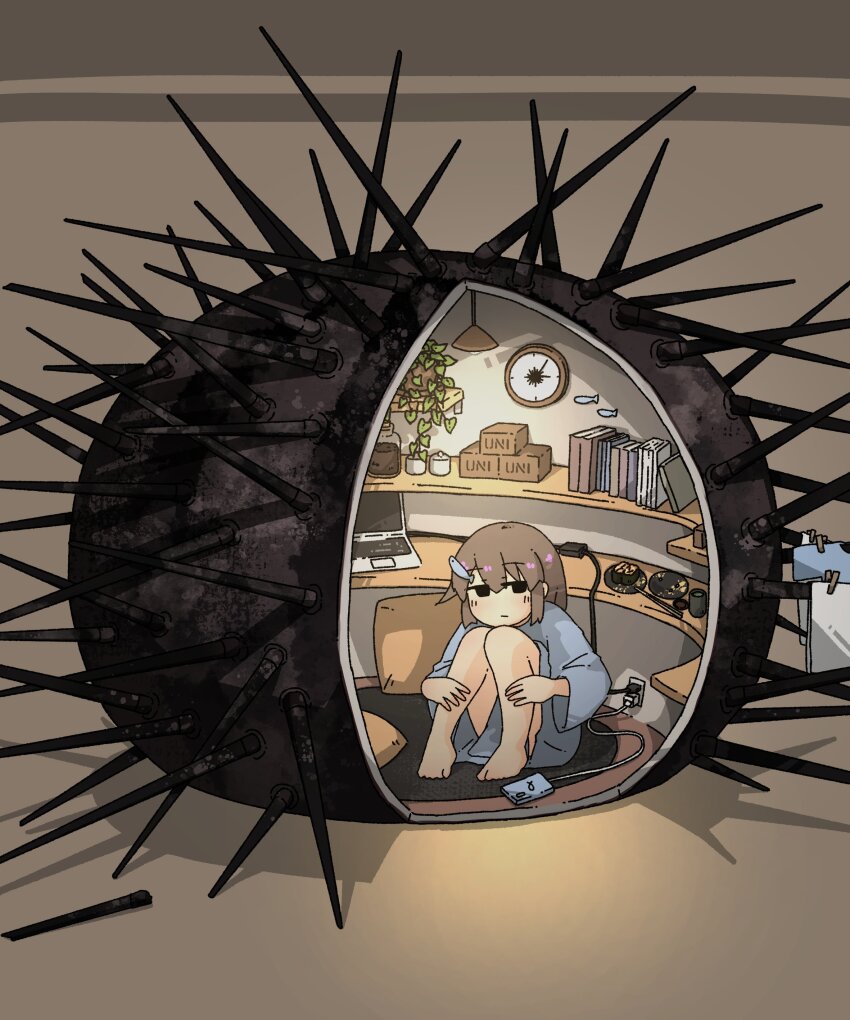 1girl, absurdres, barefoot, bedroom, blue_shirt, bookshelf, box, brown_hair, cardboard_box, ceiling_light, cellphone, charger, chopsticks, clock, commentary, computer, cross-section, drying, drying_clothes, fish_hair_ornament, food, hair_ornament, highres, hugging_own_legs, kani_aji, knees_up, laptop, long_sleeves, looking_at_viewer, mini_person, minigirl, no_pants, on_floor, original, oversized_clothes, oversized_shirt, phone, pillow, plant, potted_plant, romaji_text, sea_urchin, shelf, shirt, sideways_glance, sitting, smartphone, solo, sushi, wall_clock, wide_shot