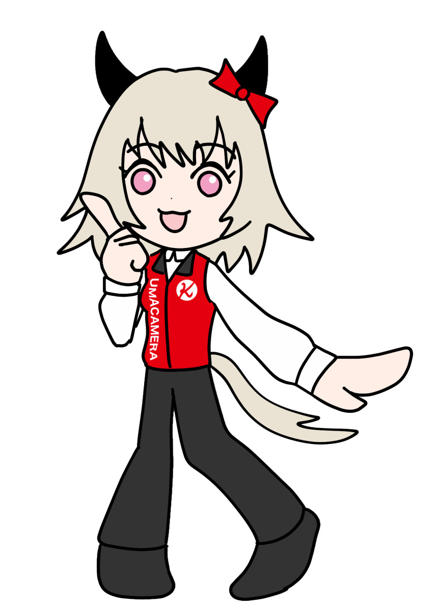 1girl, biccamera, black_pants, company_logo, curren_chan_(umamusume), highres, horse_girl, jacket