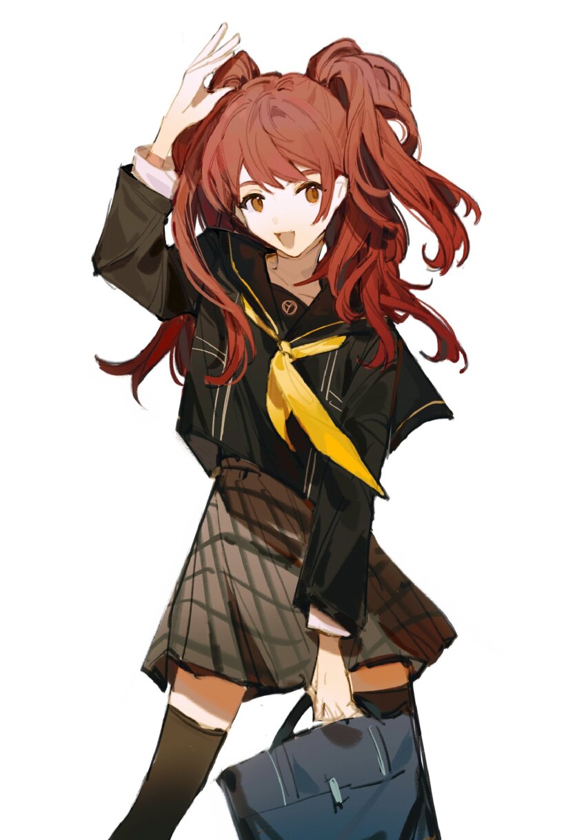 1girl, arm_up, bag, black_shirt, black_skirt, black_thighhighs, brown_hair, feet_out_of_frame