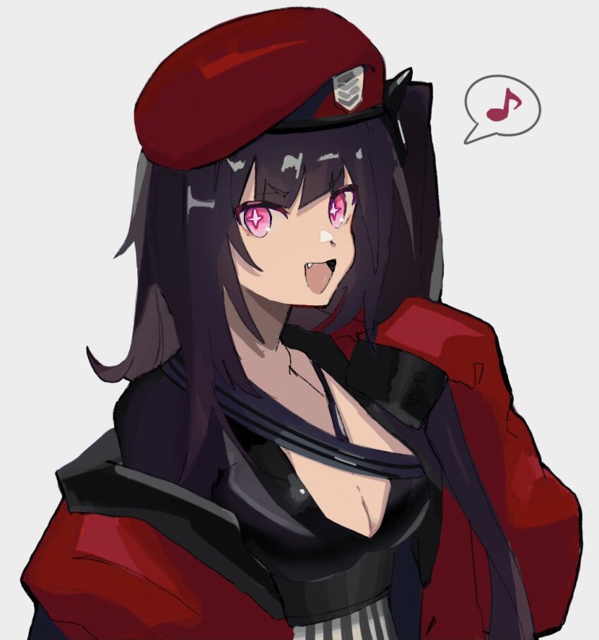 +_+, 1girl, architect_(girls'_frontline), asymmetrical_shirt, beret, black_hair, black_shirt, breasts
