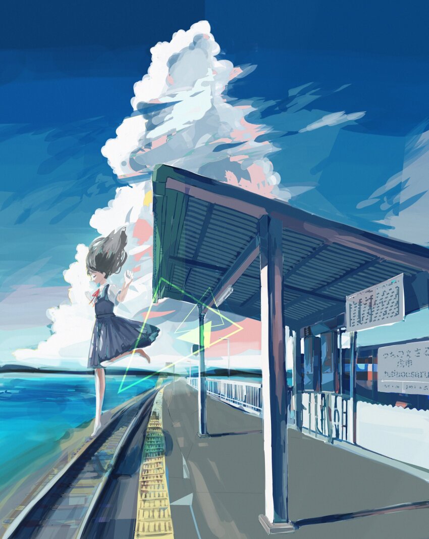 1girl, black_hair, blue_dress, blue_sky, closed_eyes, cloud, commentary_request, day