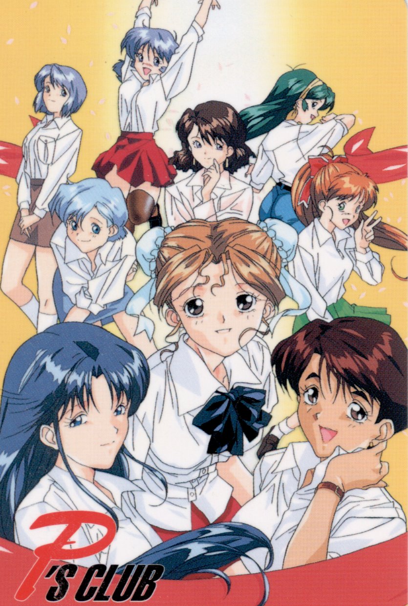 6+girls, aqua_eyes, blue_eyes, blue_hair, brown_eyes, fujiwara_aya, green_hair, hair_bun