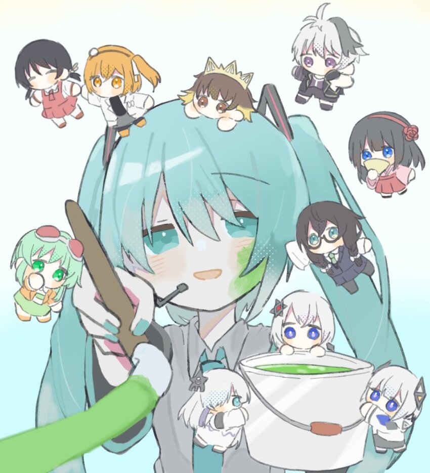 6+girls, a.i._voice, adachi_rei, aqua_eyes, aqua_hair, aqua_nails, aqua_necktie, art_brush