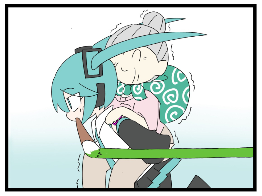 2girls, ^_^, aqua_hair, aqua_necktie, bare_shoulders, black_border, black_skirt, black_sleeves, border, carrying, carrying_bag, closed_eyes, commentary, detached_sleeves, drawing_on_fourth_wall, fourth_wall, furoshiki, gradient_background, grandma, grey_hair, hair_bun, hair_ornament, hand_on_another's_shoulder, hatsune_miku, headphones, hokorima, issen_kounen_(vocaloid), karakusa_(pattern), miniskirt, mouth_hold, multiple_girls, necktie, old, old_woman, painting_(action), piggyback, pink_sweater, pleated_skirt, shirt, shoulder_tattoo, skirt, sleeveless, sleeveless_shirt, smile, sweater, tattoo, trembling, vocaloid, white_shirt
