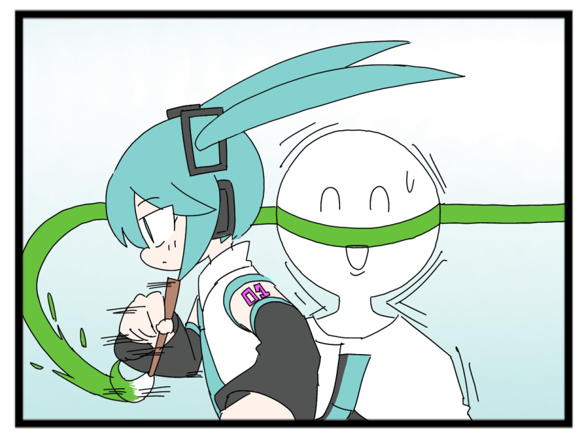 1girl, 1other, :d, ^_^, aqua_eyes, aqua_hair, aqua_necktie, art_brush