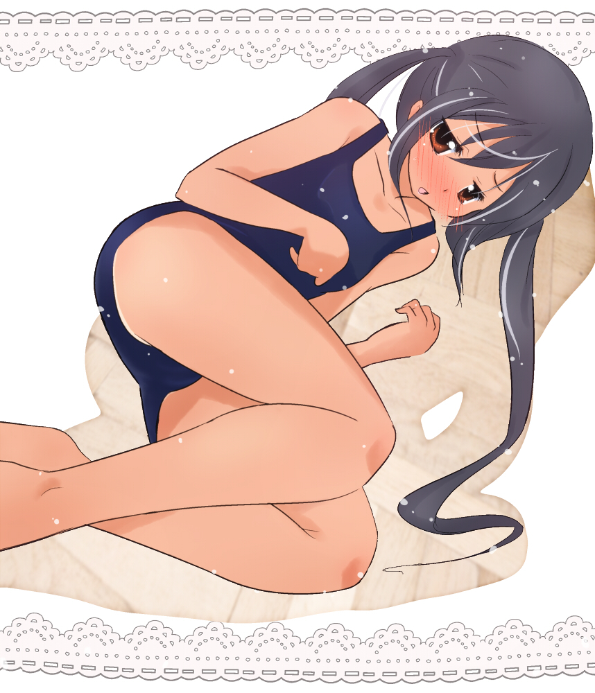 1girl, bad_id, bad_pixiv_id, barefoot, black_hair, blush, border, brown_eyes, doily, female_focus, hoshi_mirin, k-on!, lace, lace_border, long_hair, lying, nakano_azusa, on_side, one-piece_swimsuit, one-piece_tan, ornate_border, school_swimsuit, solo, swimsuit, tan, tanline
