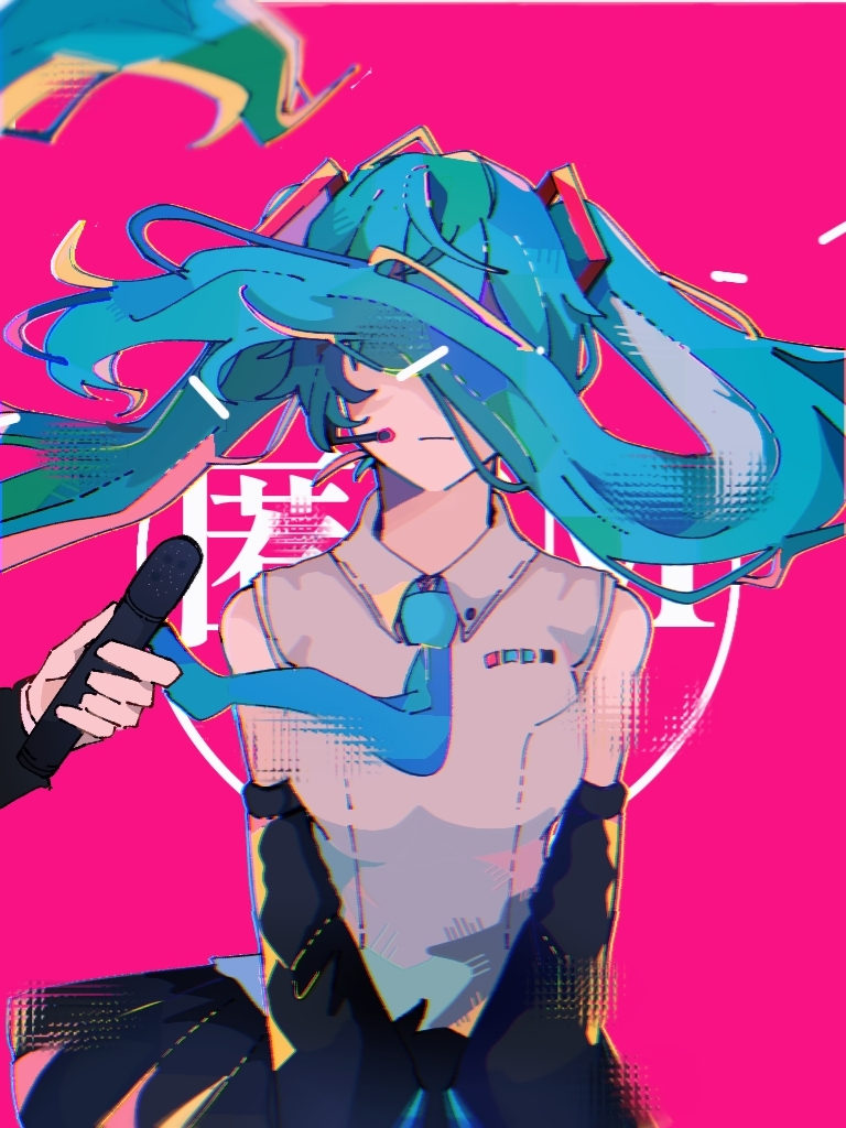 1boy, 1girl, aqua_hair, aqua_necktie, arufa_faru, bare_shoulders, black_skirt, censored, chromatic_aberration, collared_shirt, commentary_request, convenient_censoring, covered_eyes, cowboy_shot, detached_sleeves, facing_viewer, floating_hair, hair_ornament, hair_over_eyes, hatsune_miku, hatsune_miku_(vocaloid4), headphones, holding, holding_microphone, censored_identity, interview, long_hair, long_sleeves, microphone, nasu_(nasubi1192), necktie, out_of_frame, pink_background, shirt, skirt, sleeveless, sleeveless_shirt, solo_focus, song_name, tokumei_m_(vocaloid), tokumei_radio, twintails, v_arms, very_long_hair, vocaloid, white_shirt, wind