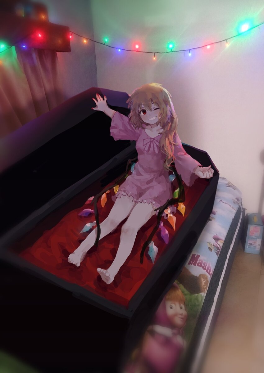 1girl, ;d, \||/, barefoot, blurry, blush, breasts, coffin, flandre_scarlet, full_body, grin, hair_over_shoulder, highres, himuhino, long_hair, masha_and_the_bear, medium_breasts, nail_polish, missing_headwear, one_eye_closed, open_mouth, red_nails, smile, solo, teeth, toes, touhou, vampire