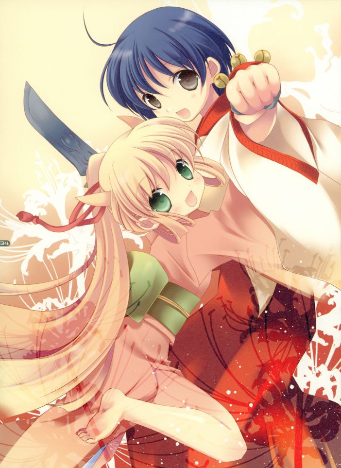 2girls, barefoot, blonde_hair, blue_hair, dagger, flower, horns, japanese_clothes