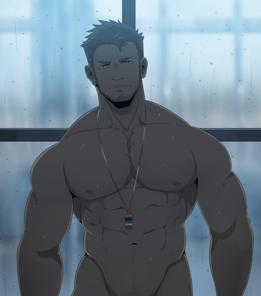 1boy, abs, backlighting, bara, beard, black_hair, brown_hair, coach