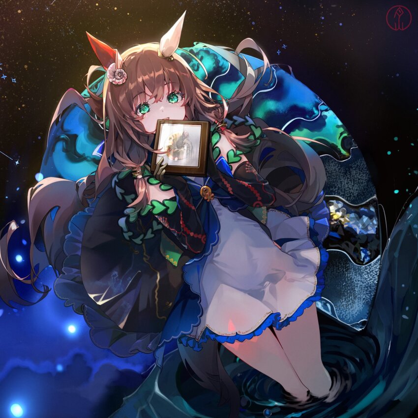 1girl, black_dress, brown_hair, dress, ear_ornament, from_above, gassan_aya, genderswap