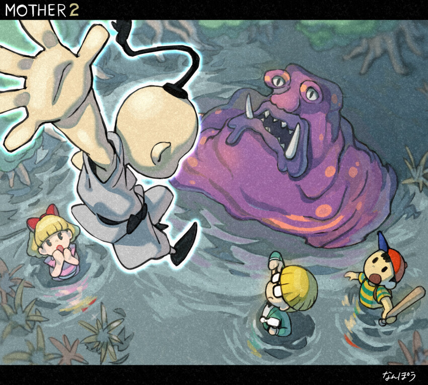 1girl, 3boys, arm_up, baseball_bat, baseball_cap, black_bow, black_bowtie, black_eyes