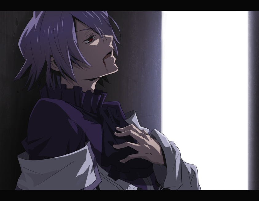 00s, 1boy, ascot, blood, coat, formal_clothes, hair_over_one_eye, hand_on_another's_chest