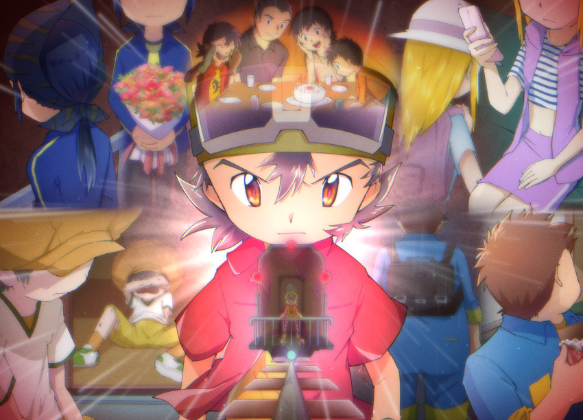 absurdres, backpack, bag, blonde_hair, brothers, crying, digimon, family