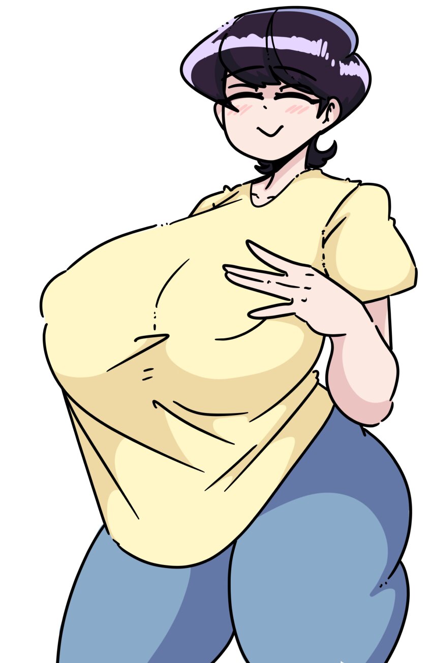 1girl, absurdres, blush, breasts, closed_eyes, hand_on_own_chest, highres, huge_breasts