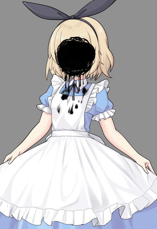 1girl, alice_(black_souls), apron, black_hairband, black_souls, black_souls_2, blonde_hair, blue_dress