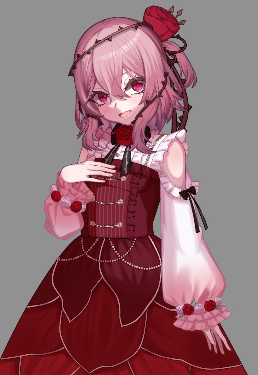 1girl, clothing_cutout, commentary, english_commentary, flower, grey_background, hair_between_eyes, hair_flower