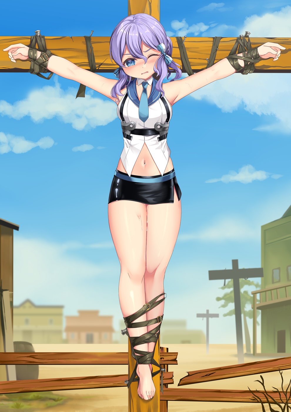 1girl, bdsm, belt, black_skirt, blue_belt, blue_eyes, bondage, bound