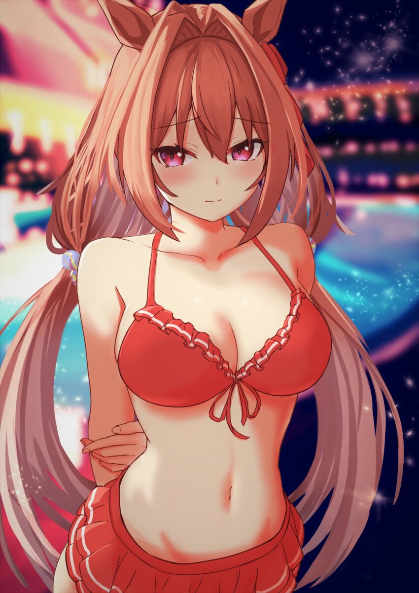 1girl, animal_ears, bikini, breasts, brown_hair, daiwa_scarlet_(umamusume), highres, horse_ears