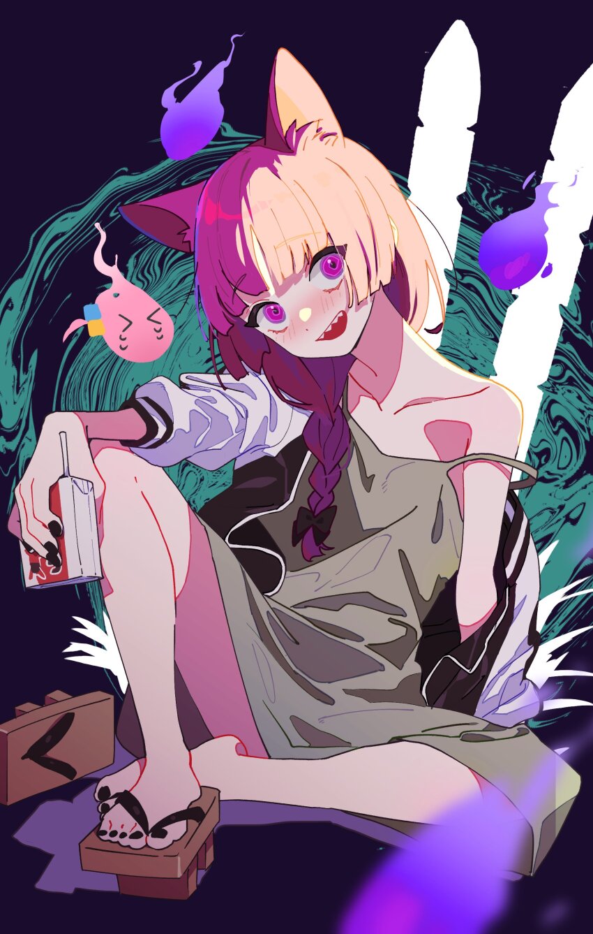 >_<, 1girl, @_@, absurdres, alcohol_carton, animal_ears, black_bow, black_nails, blunt_bangs, blush, bocchi_the_rock!, bow, braid, cat_ears, dress, drink_carton, full_body, geta, ghost, gotoh_hitori, green_dress, hair_bow, hair_over_shoulder, head_tilt, highres, hiroi_kikuri, holding, holding_carton, holding_drink_carton, jacket, kemonomimi_mode, long_hair, long_sleeves, looking_at_viewer, medium_dress, oda_ya_ka, open_clothes, open_jacket, open_mouth, purple_eyes, purple_hair, shoes, single_braid, sitting, smile, strap_slip, tears, unworn_shoes