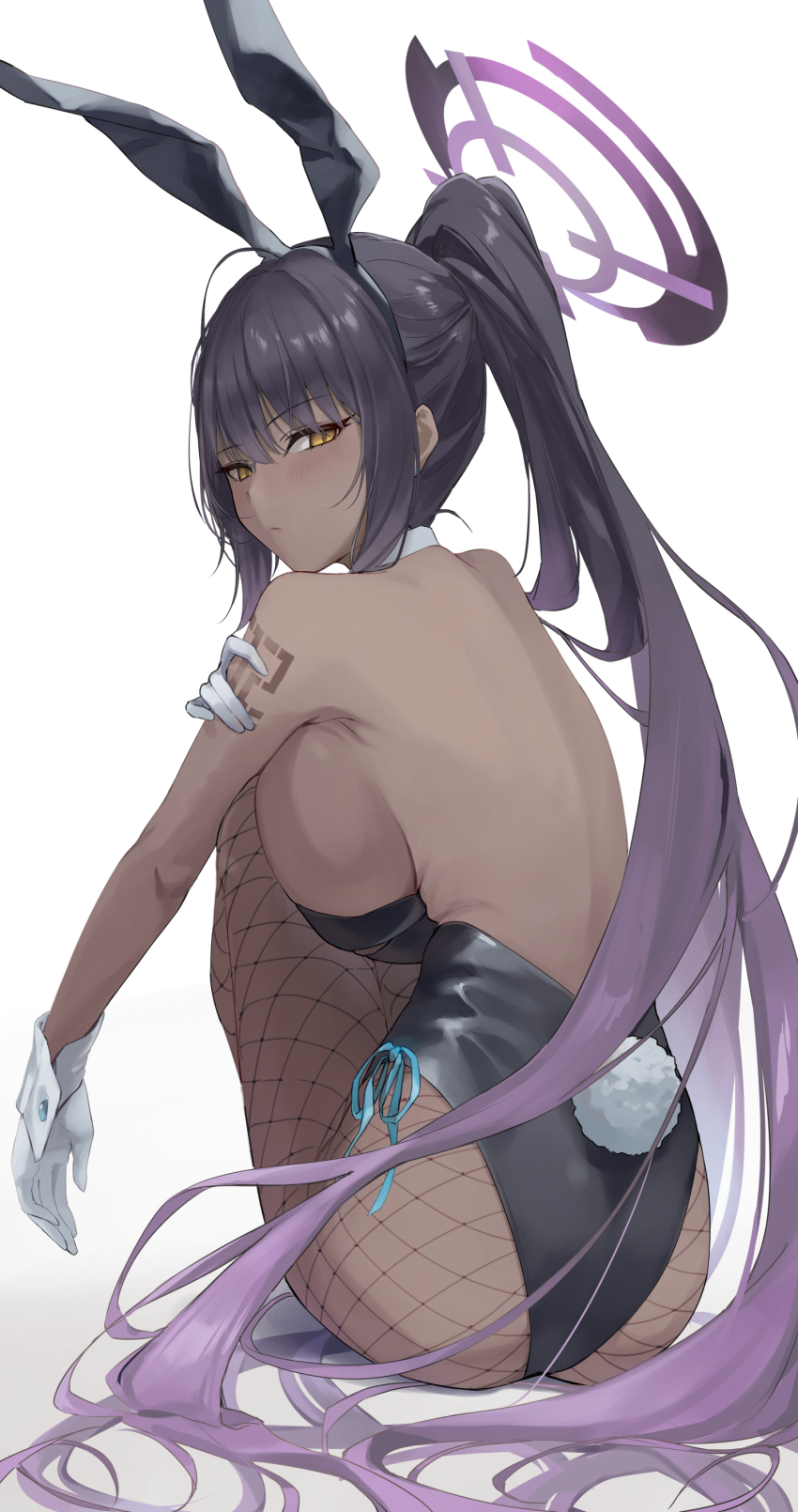 1girl, absurdres, animal_ears, ass, back, backboob, bare_shoulders, black_hair