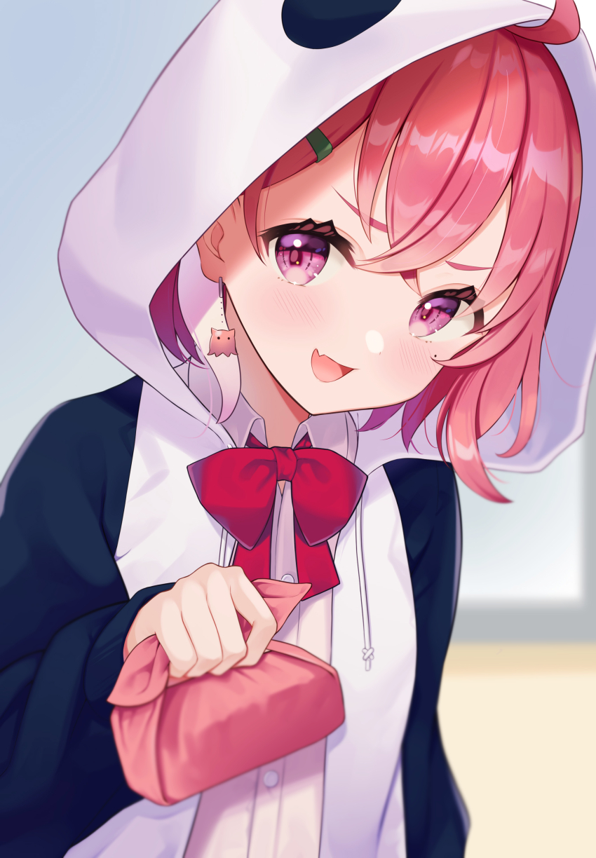 1girl, absurdres, animal_hood, asahi_yu0604, bow, bowtie, earrings, fang, hair_ornament, hairclip, highres, holding, hood, hood_up, jacket, jewelry, long_sleeves, nijisanji, open_mouth, panda_hood, pink_eyes, pink_hair, red_bow, red_bowtie, red_ribbon, ribbon, sasaki_saku, sasaki_saku_(1st_costume), solo, virtual_youtuber