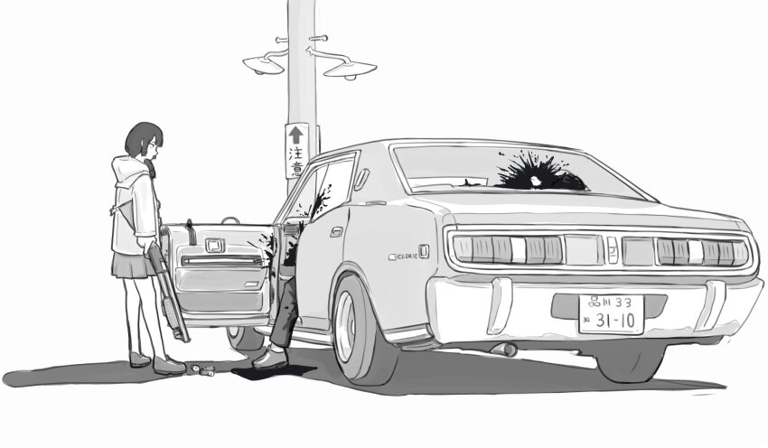 1girl, 1other, arrow_(symbol), blood, blood_splatter, car, car_crash, highres