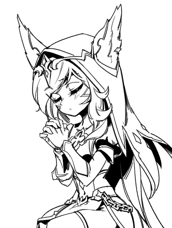 1girl, belt, blush, broken_covenant_xayah, chain, ears_through_headwear, greyscale, hair_ornament
