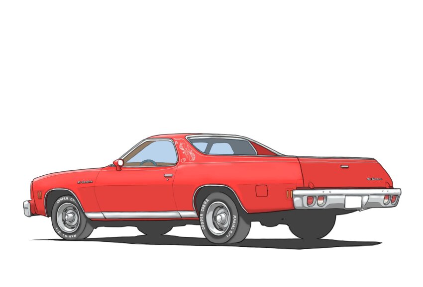 car, chevrolet, chevrolet_el_camino, from_side, highres, motor_vehicle, no_humans, omochi_(ricecake9322)