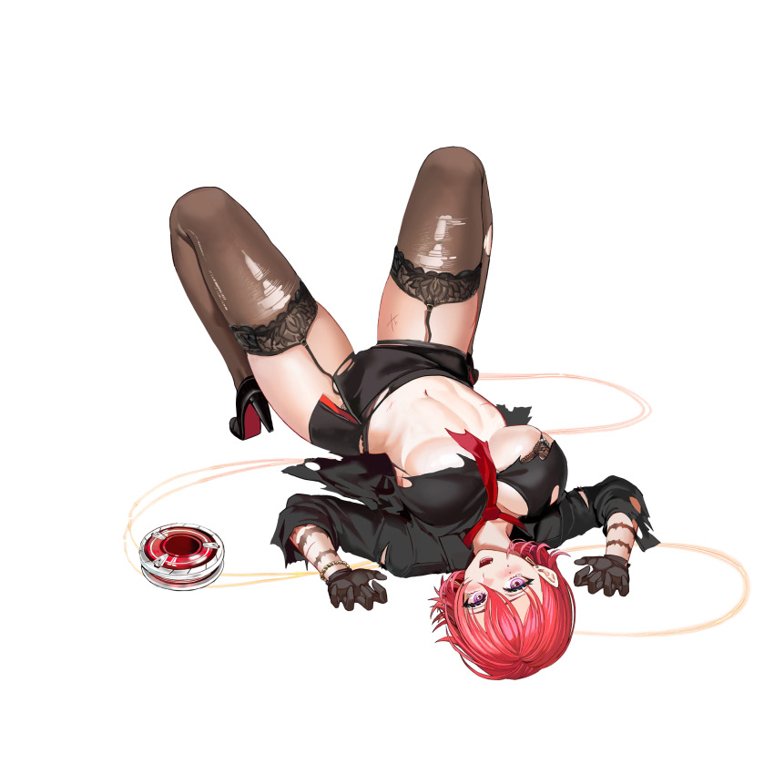 1girl, arm_tattoo, black_bra, black_footwear, black_garter_belt, black_gloves, black_jacket, black_skirt