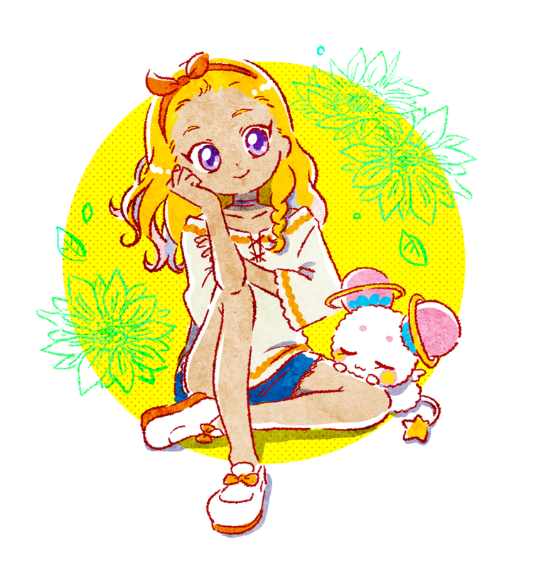1girl, amamiya_elena, animal_on_leg, bangs_pinned_back, blonde_hair, blue_shorts, choker, closed_mouth, full_body, fuwa_(precure), hairband, hand_on_own_chin, hoppetoonaka3, long_hair, orange_hairband, precure, purple_eyes, shirt, shoes, shorts, sitting, smile, star_twinkle_precure, white_footwear, white_shirt