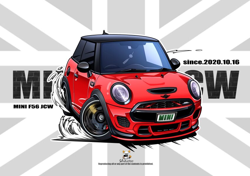 absurdres, artist_name, car, drifting, english_text, highres, license_plate, mini_cooper, motor_vehicle, no_humans, original, oteki_shibatarou, red_car, smoke, union_jack, vehicle_focus, vehicle_name