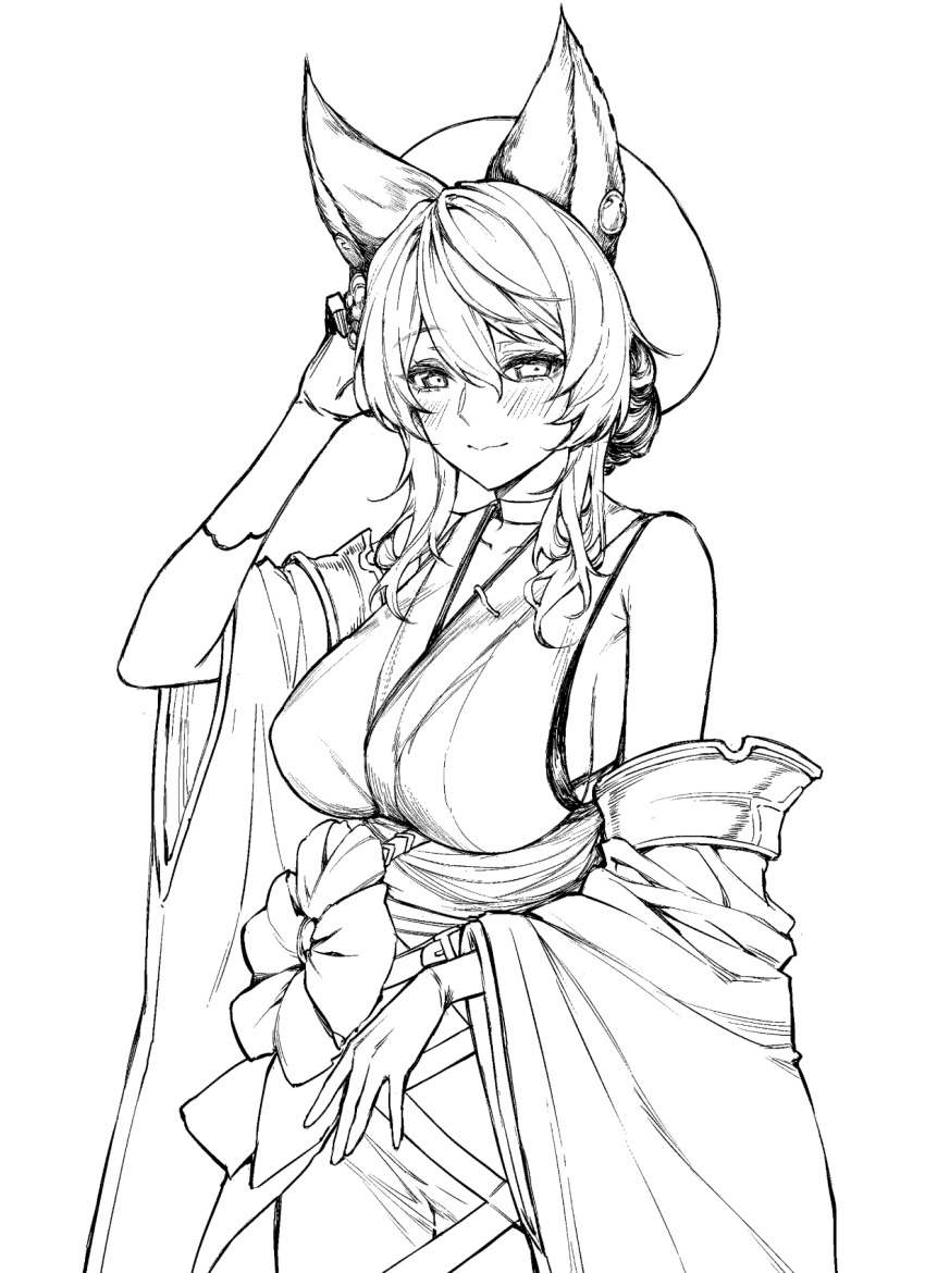 1girl, blush, breasts, choker, erune, fingerless_gloves, gloves, granblue_fantasy, greyscale, hat, highres, ilsa_(granblue_fantasy), ilsa_(yukata)_(granblue_fantasy), japanese_clothes, kimono, large_breasts, looking_at_viewer, monochrome, mushi024, simple_background, single_glove, smile, solo, white_background, yukata