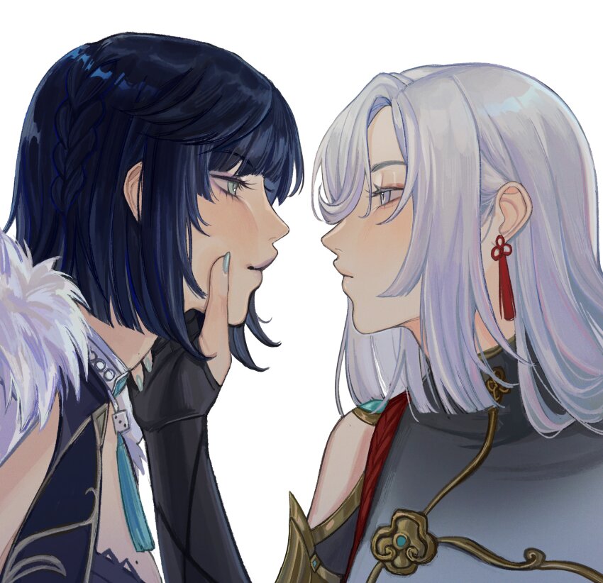 2girls, absurdres, black_gloves, blue_dress, blue_hair, blue_nails, blunt_bangs, bob_cut