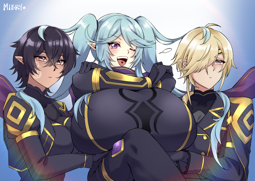 3girls, alternate_breast_size, artist_name, black_bodysuit, black_gloves, black_hair, blonde_hair, blue_eyes, blue_hair, bodysuit, breast_padding, breasts, brown_eyes, chi_(kagejitsu), closed_mouth, commentary, crossed_arms, dark-skinned_female, dark_skin, elf, epsilon_(kagejitsu), gloves, hair_over_one_eye, huge_breasts, kage_no_jitsuryokusha_ni_naritakute!, long_sleeves, looking_away, meme, mibry_(phrysm), multiple_girls, omega_(kagejitsu), one_eye_closed, one_eye_covered, open_mouth, pointy_ears, purple_eyes, servants_holding_aphrodite's_breasts_(meme), short_hair, shuumatsu_no_valkyrie, smile, swept_bangs, teeth, twintails, upper_teeth_only