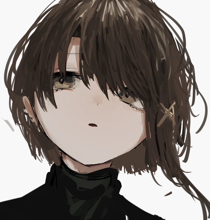1girl, aegyo_sal, black_jacket, brown_eyes, brown_hair, close-up, expressionless, hair_ornament