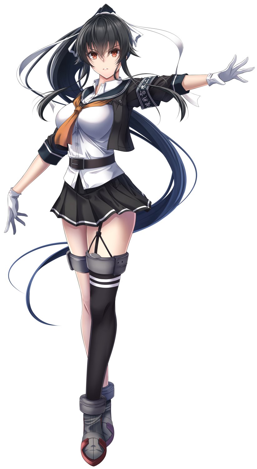 1girl, armband, asymmetrical_legwear, black_hair, black_jacket, black_sailor_collar, black_skirt, breasts