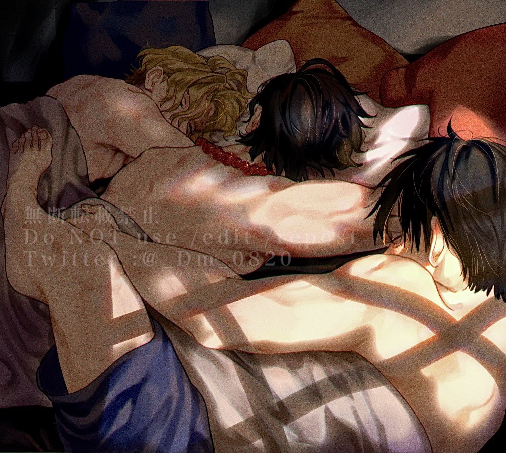 3boys, barefoot, bead_necklace, beads, bed, bed_sheet, black_hair, blonde_hair, blue_shorts, dm_0820, hand_on_another's_back, jewelry, lying, male_focus, messy_hair, monkey_d._luffy, morning, multiple_boys, muscular, muscular_male, necklace, on_bed, on_stomach, one_piece, pillow, portgas_d._ace, sabo_(one_piece), short_hair, shorts, siblings, sleeping, toenails, toes, topless_male, twitter_username