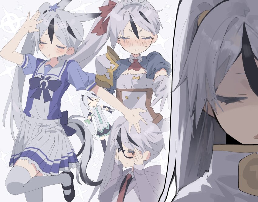 1boy, animal_ears, april_fools, ascot, black_hair, black_skirt, blue_necktie, blue_shirt