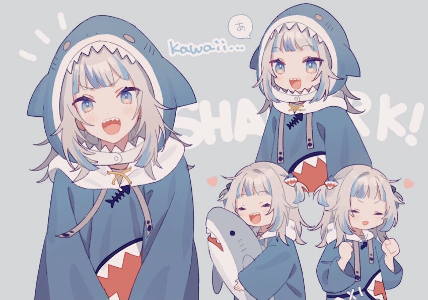 1girl, :d, a_(phrase), blue_eyes, blue_hair, blue_hoodie, clenched_teeth, commentary, drawstring, english_text, gawr_gura, gawr_gura_(1st_costume), happy, hololive, hololive_english, hood, hoodie, long_sleeves, mixed-language_text, moo_n_moko, multicolored_hair, multiple_views, notice_lines, open_mouth, shark_print, sharp_teeth, smile, speech_bubble, streaked_hair, stuffed_animal, stuffed_shark, stuffed_toy, teeth, teeth_print, two_side_up, virtual_youtuber, white_hair