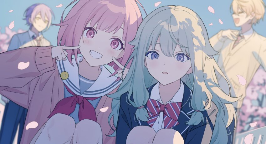 2boys, 2girls, blazer, blonde_hair, blue_jacket, bow, bowtie, cardigan