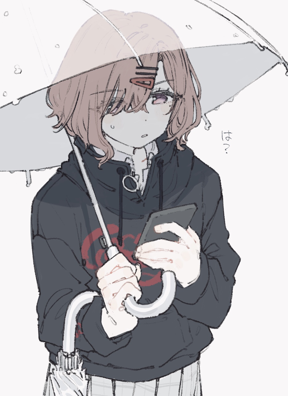 1girl, black_hoodie, brown_hair, collared_shirt, commentary_request, cowboy_shot, grey_skirt, hair_ornament