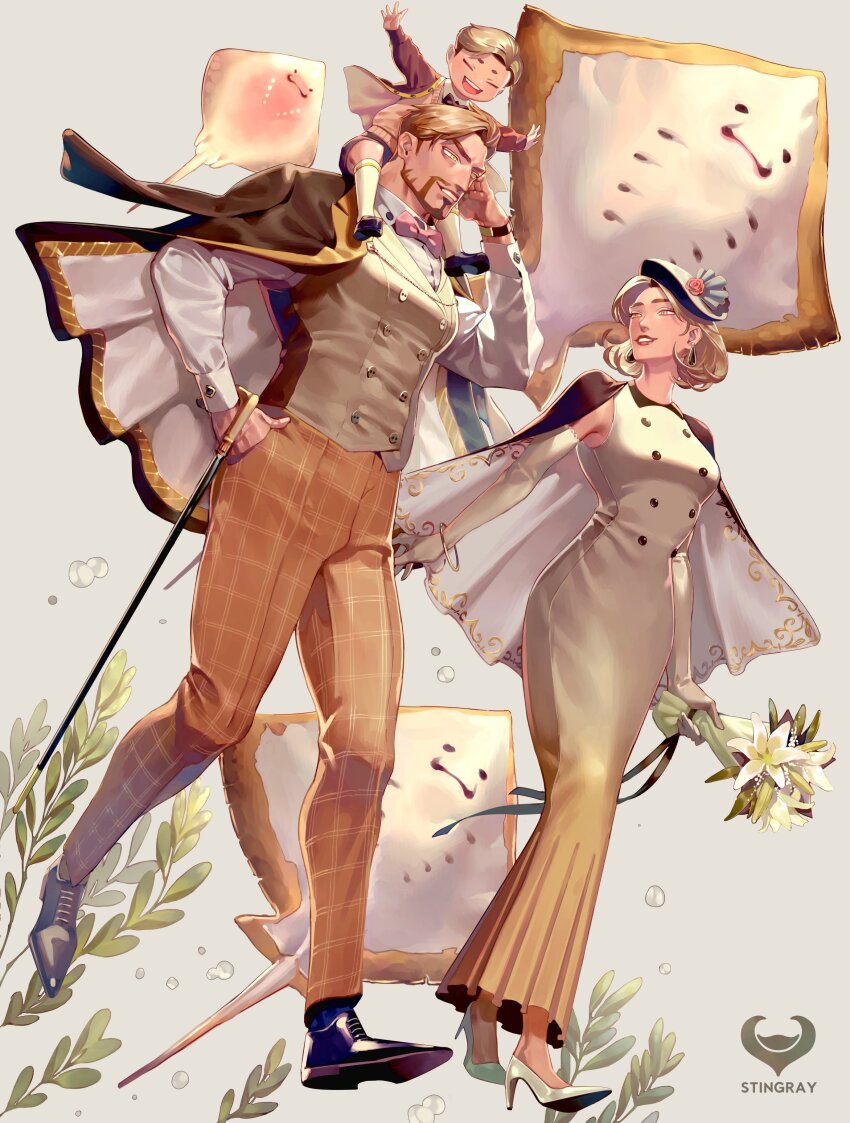 1girl, 2boys, absurdres, blonde_hair, bouquet, bow, brown_coat, brown_hair