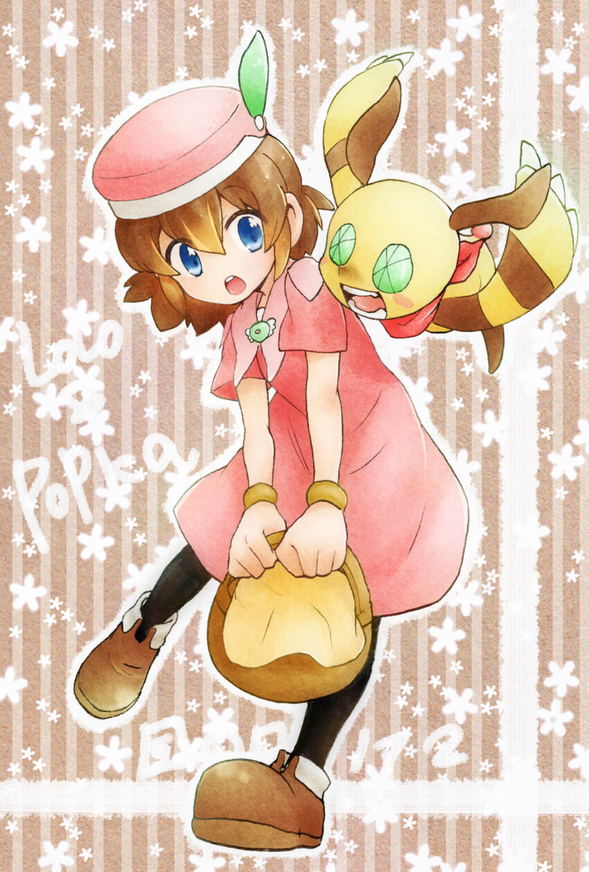 1boy, 1girl, blue_eyes, brown_footwear, brown_hair, dress, highres, kaze_no_klonoa, lolo_(klonoa), looking_at_another, mikuni_(392tami), open_mouth, pink_dress, pink_headwear, popka, short_hair